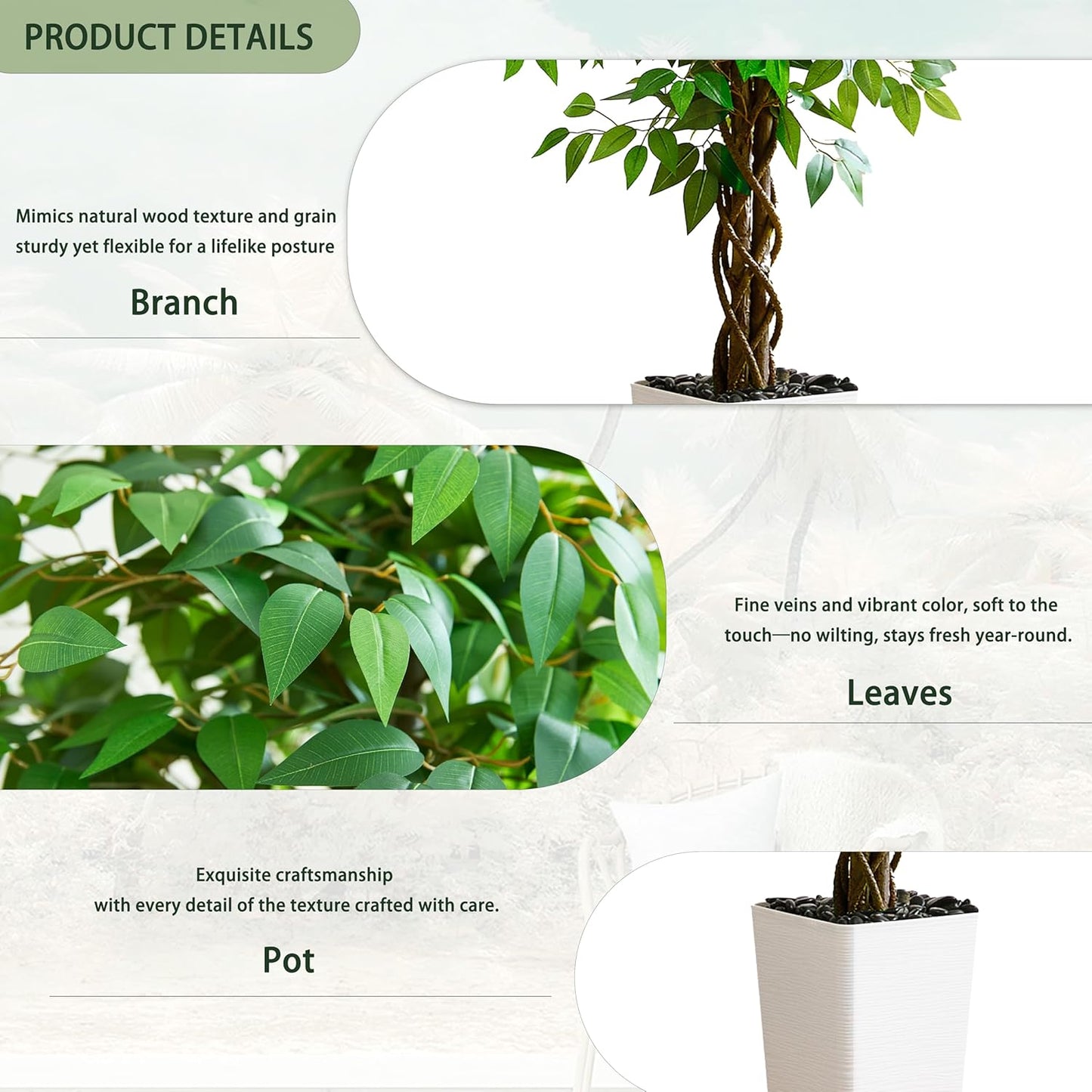 Artificial Ficus Tree 6FT Faux Plants Indoor Tall Fake Plants with White Planter, Green Lifelike Lush Fake Ficus Tree for Home Living Room Bedroom Outdoor Balcony House Office Decor