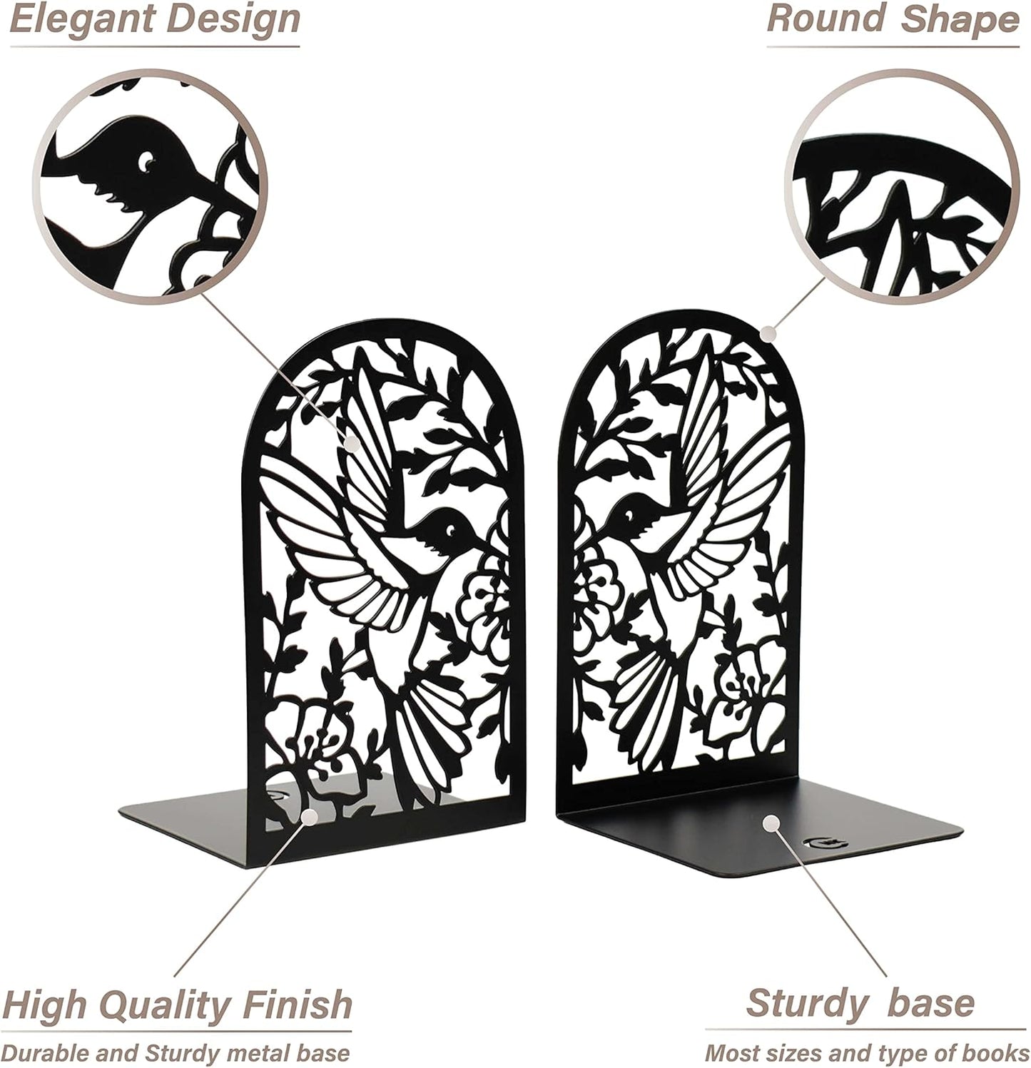 CNK Premium BookEnds - Heavy Duty Metal Book Stoppers for Home Office, Decorative Book Shelf Holders (Hummingbird Black)