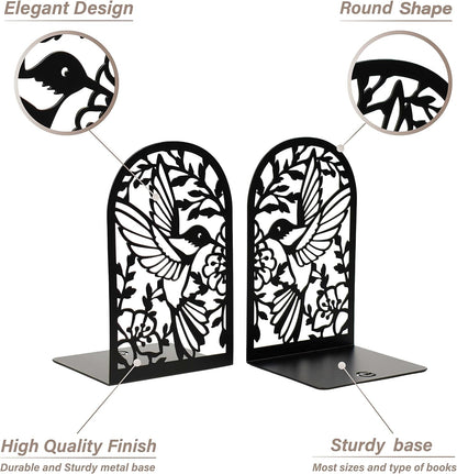 CNK Premium BookEnds - Heavy Duty Metal Book Stoppers for Home Office, Decorative Book Shelf Holders (Hummingbird Black)