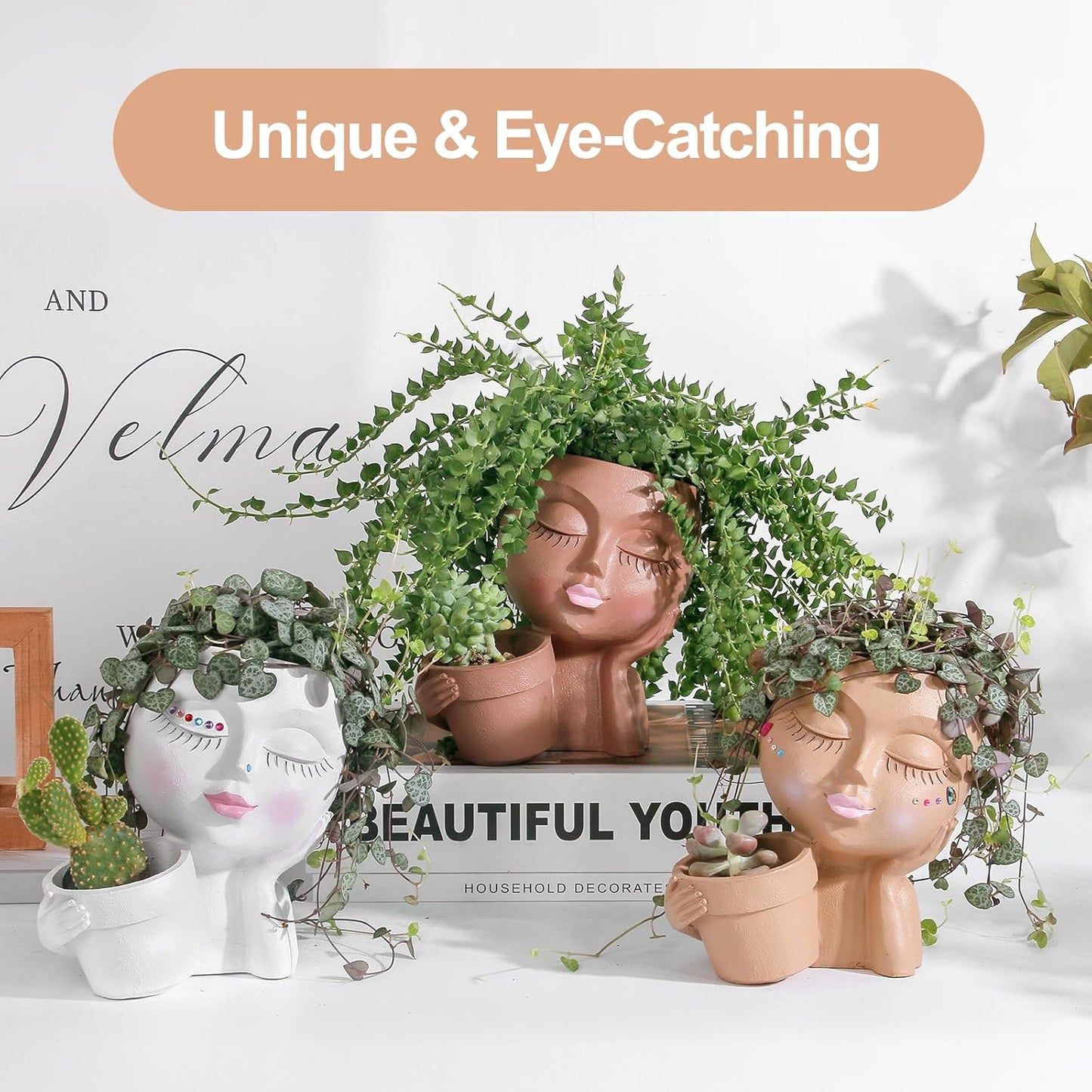 vomiceak Face Planter Pots Head, Planters for Indoor Plants - Double Cute Plant Pots for Flower & Succulent with Drainage Holes - Gift Ideas for Women (White Lady)