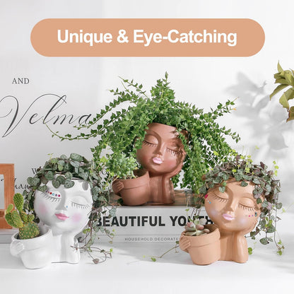 vomiceak Face Planter Pots Head, Planters for Indoor Plants - Double Cute Plant Pots for Flower & Succulent with Drainage Holes - Gift Ideas for Women (White Lady)