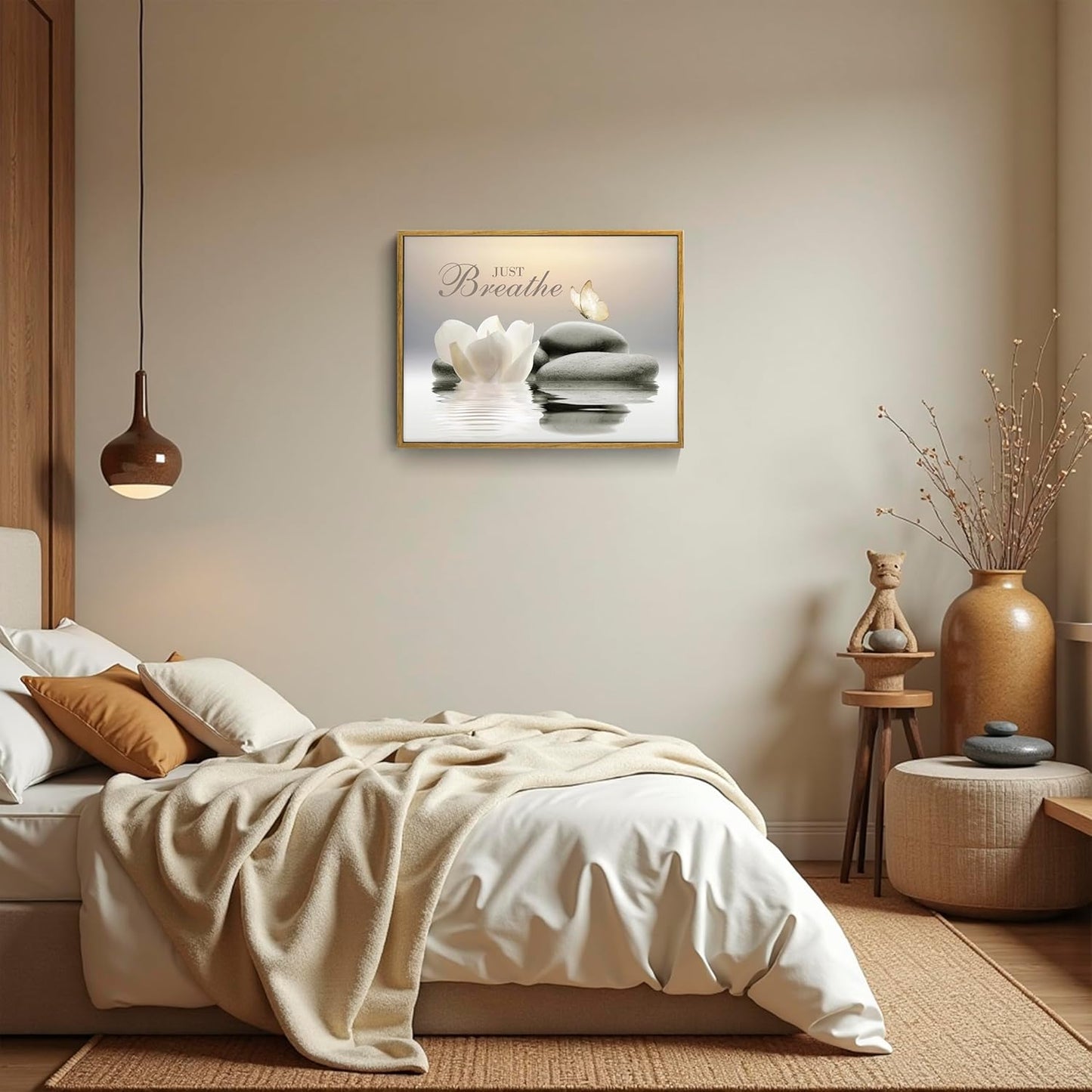 EOBTAIN Zen Flower Canvas Wall Art Bathroom Butterfly and Water Lily Stone Relaxing Spiritual Yoga Framed Wall Art Just Breathe Pictures Canvas Wall Decor for Living Room Bedroom,12x16 Inches