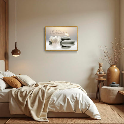 EOBTAIN Zen Flower Canvas Wall Art Bathroom Butterfly and Water Lily Stone Relaxing Spiritual Yoga Framed Wall Art Just Breathe Pictures Canvas Wall Decor for Living Room Bedroom,12x16 Inches