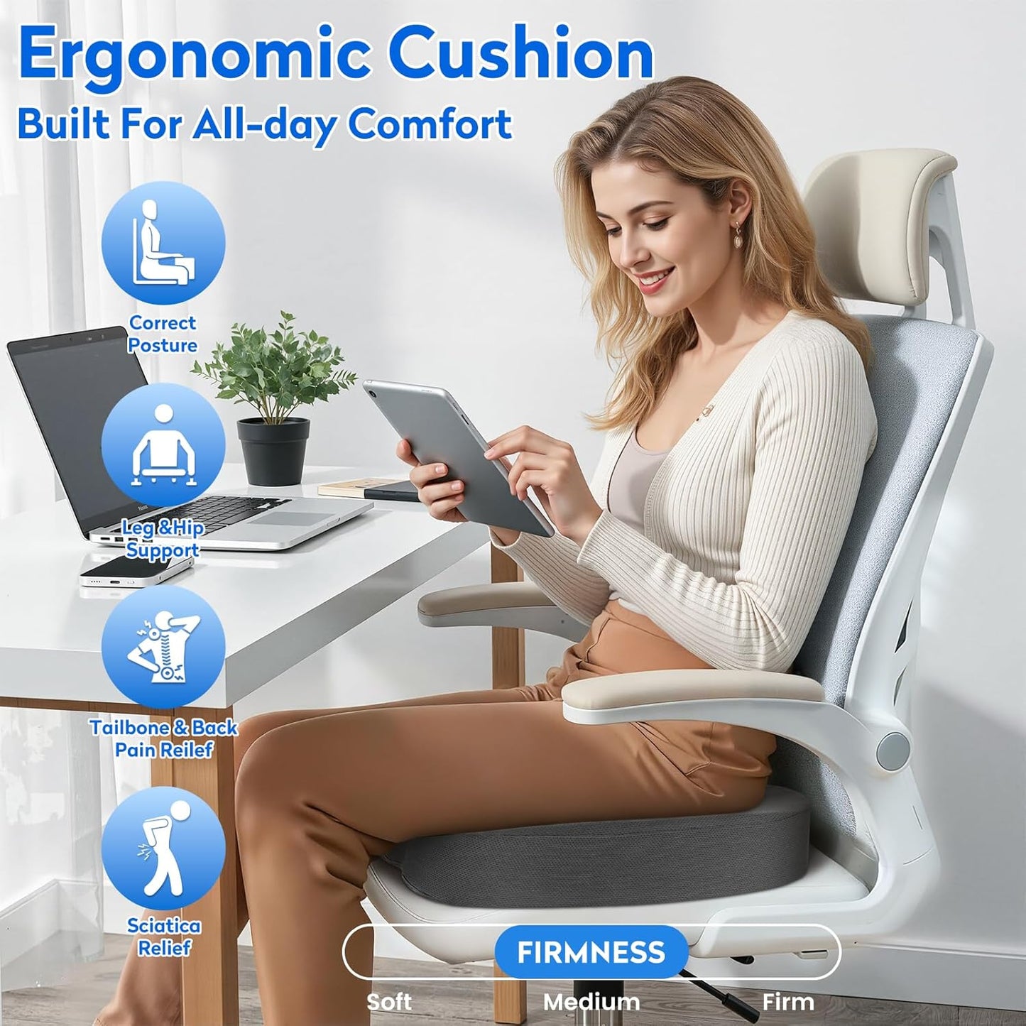 CushZone Seat Cushion - Memory Foam Office Chair Cushion for Sciatica, Tailbone & Back Pain Relief - Orthopedic Coccyx Pillow for Car, Airplane, Pregnancy & Long Sitting at Work, Black