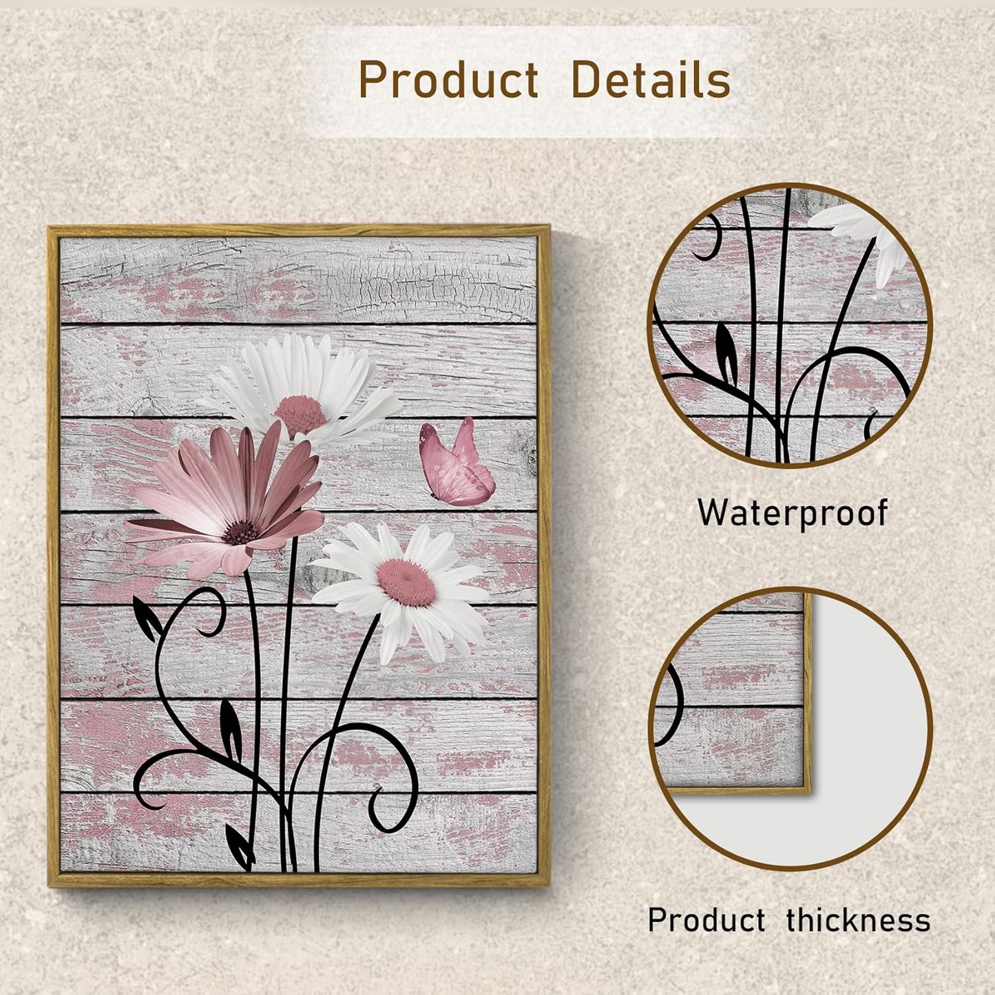 HVEST Farmhouse Floral Wall Art for Living Room, Blue and White Daisy Flower and Butterfly on Rustic Wood Board Canvas Wall Art Framed Artwork Ready to Hang for Bathroom Bedroom Decor, 16L X 12W
