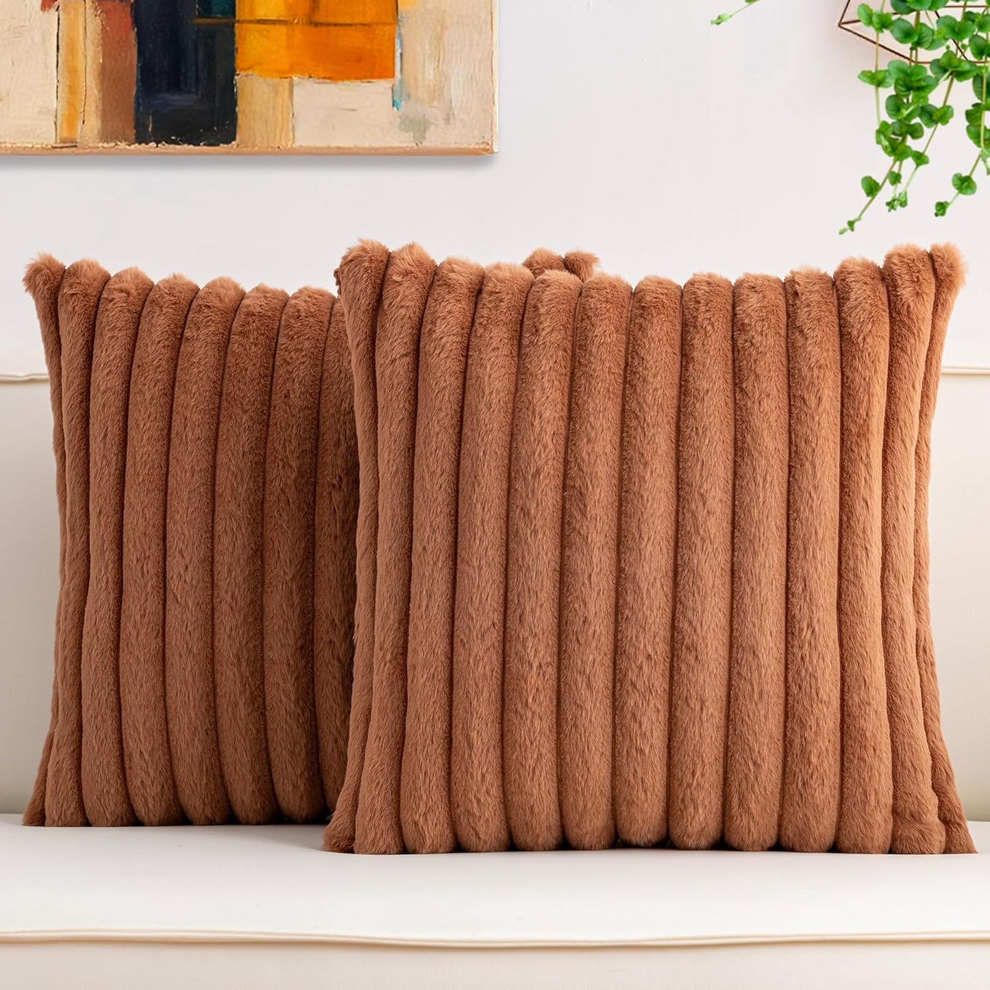 Aegero Pack of 2 Faux Fur Christmas Throw Pillow Covers 18x18 Inch, Soft Plush Striped Neutral Couch Pillow Cover, with Velvet Back Modern Home Decor for Sofa Living Room Couch Bed Cream White
