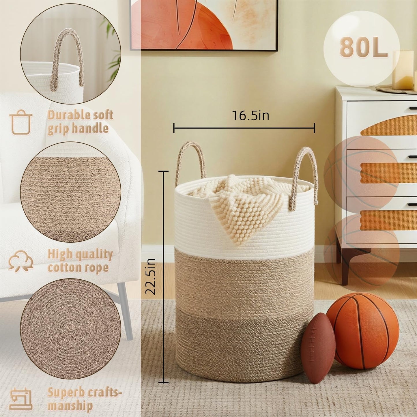 Artfeel Laundry Basket,Woven Cotton Rope Laundry Hamper,60L for Decor Storage of Dirty Clothes,Toys and Blankets in Bathroom,Baby Room and Living Room