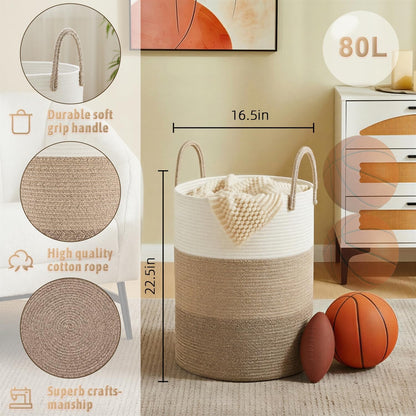 Artfeel Laundry Basket,Woven Cotton Rope Laundry Hamper,60L for Decor Storage of Dirty Clothes,Toys and Blankets in Bathroom,Baby Room and Living Room