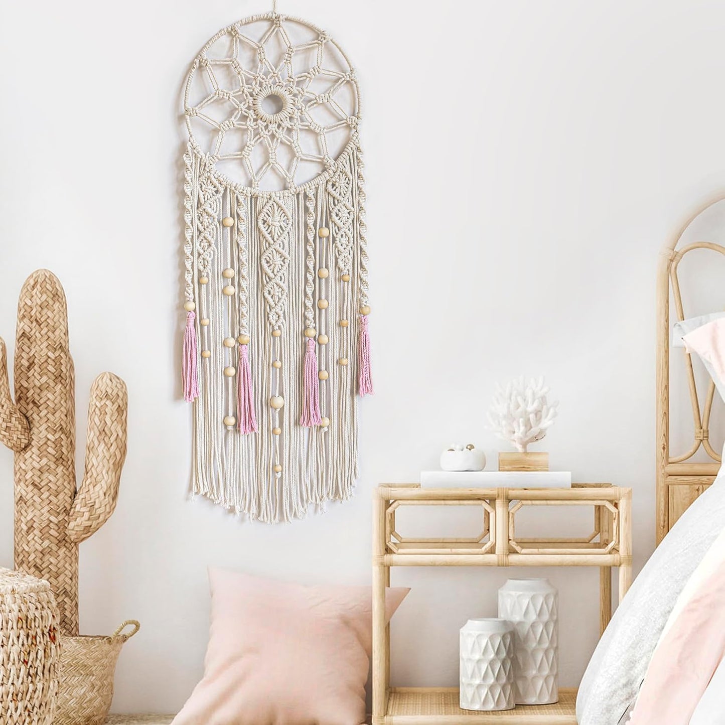LB Boho Macrame Wall Hanging - Green and Beige Handmade Cotton Woven Decor, Modern Geometric Bohemian Tapestry Wall Decor for Bedroom Living Room Home (31.5"x9.84") Nature-Inspired Room Decor
