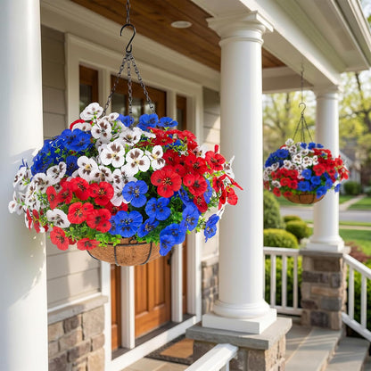 lovemoon 2 Sets Artificial Hanging Pansy Flowers with Baskets, 24 Pcs UV Resistant Faux Silk Pansy Outdoor Hanging Flower for Porch Patio Garden Home Spring Decor (2, White,Yellow,Purple)