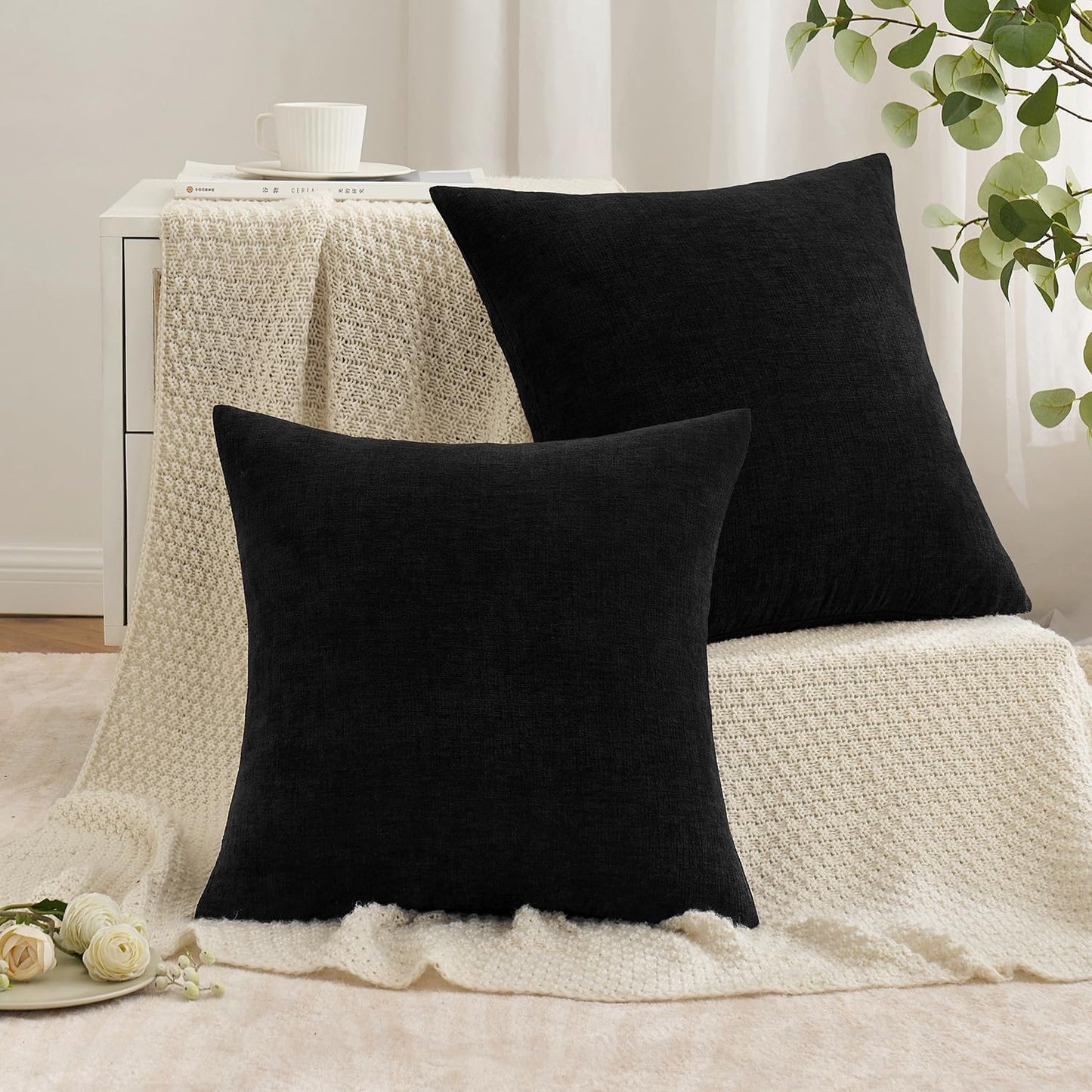 MIULEE Olive Green Couch Pillow Covers 18x18 Inch, Set of 2 Soft Chenille Decorative Square Throw Pillow Covers Farmhouse for Sofa Living Room Bed