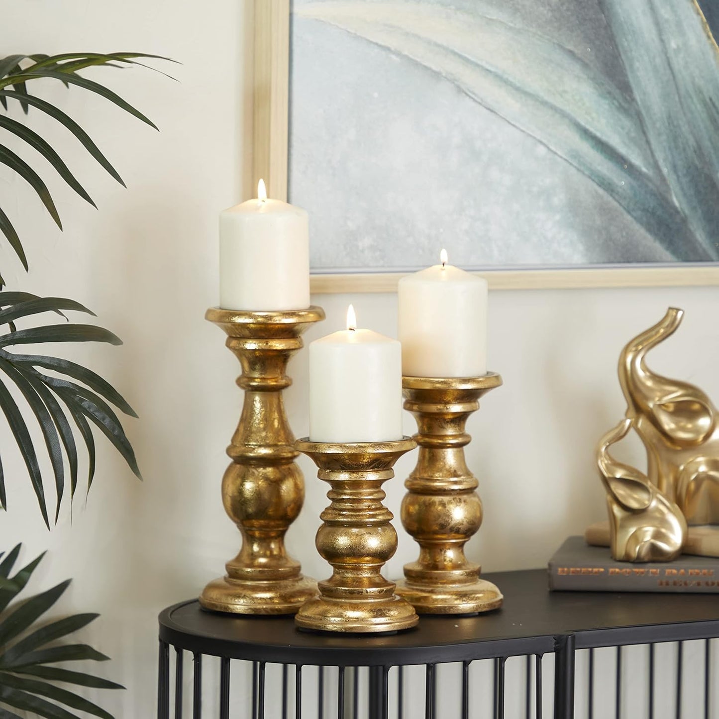 Deco 79 Mango Wood Decorative Candle Holder Distressed Turned Pillar Candle Stand, Set of 3 Candlestick Holder 6", 8", 10"H, Light Blue