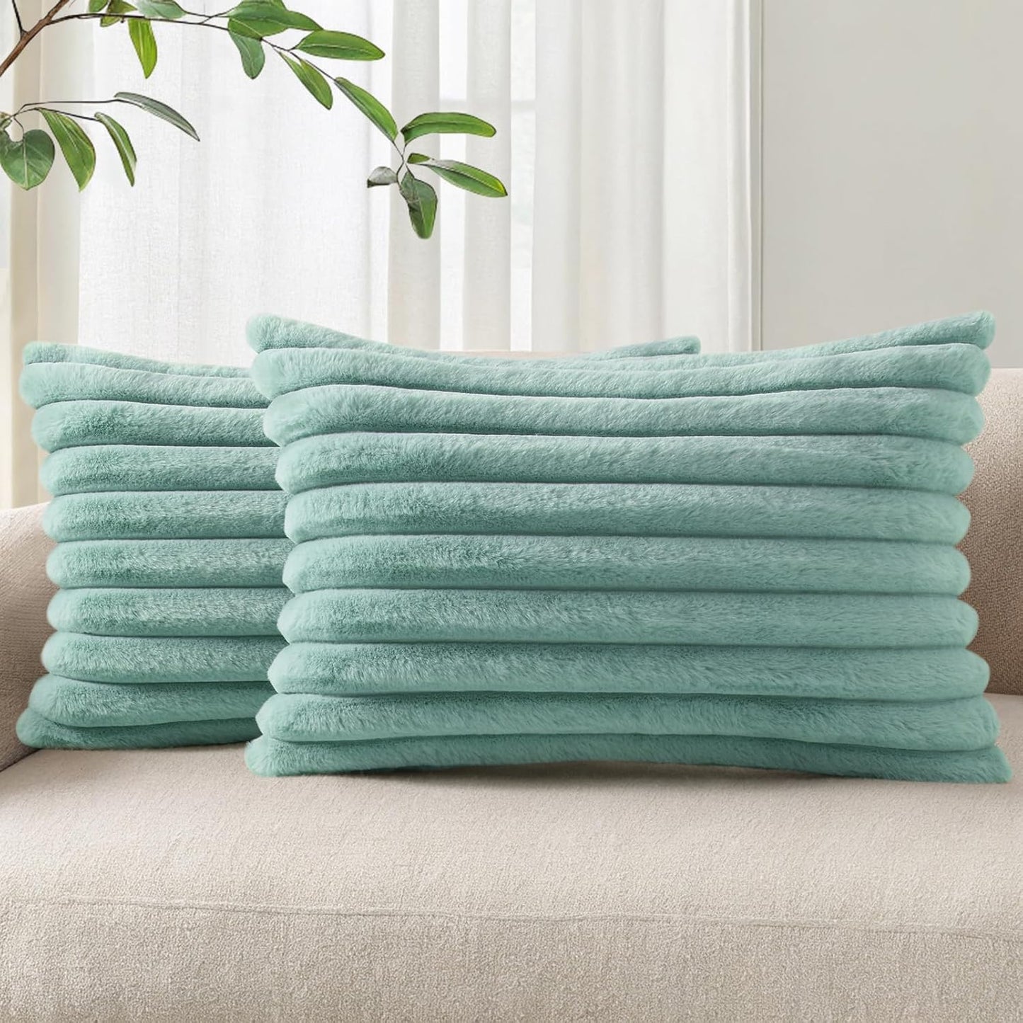 Pallene Faux Fur Plush Throw Pillow Covers 18x18 Set of 2, Luxury Soft Fluffy Striped Decorative Pillow Covers for Sofa, Couch, Living Room, Cream White