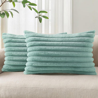 Pallene Faux Fur Plush Throw Pillow Covers 18x18 Set of 2, Luxury Soft Fluffy Striped Decorative Pillow Covers for Sofa, Couch, Living Room, Cream White