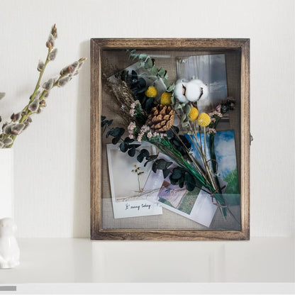 GraduationMall 13x16 Wood Shadow Box Frame Glass Door Display Case with Linen Back and 6 Stick Pins,1.5 inches Interior Depth,Ideal for Memorabilia Pictures Flowers Medals Tickets Rustic White