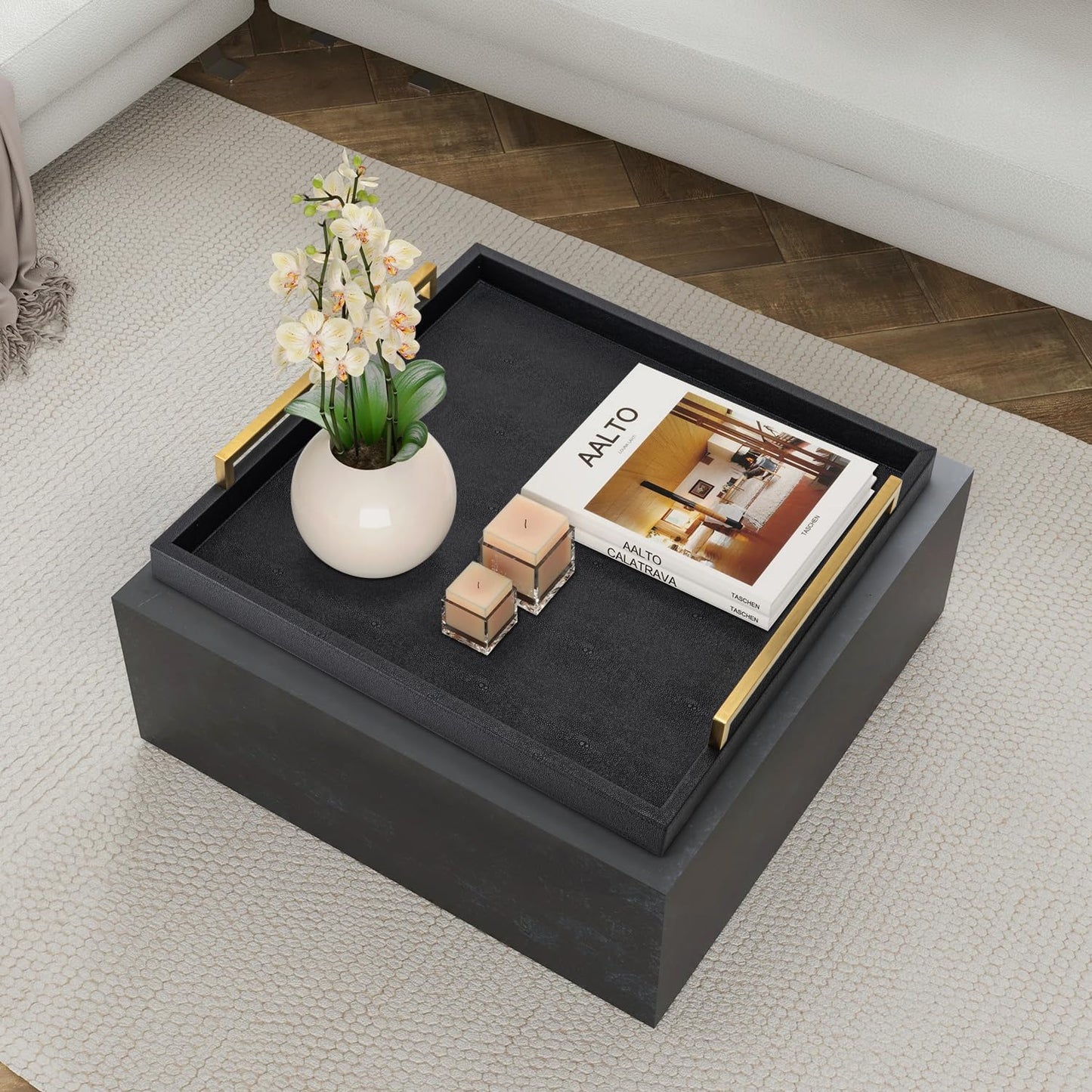 XIGEXIGE Ivory Shagreen Decorative Tray Large Rectangle Coffee Table Tray for Ottoman Faux Leather Serving Tray with Brushed Gold Handles