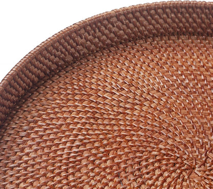 13.8 inch Round Rattan Tray, Decorative Coffee Table Tray, Ottoman Tray, Woven Serving Tray with Handles, Wicker Serving Basket, Whitewash