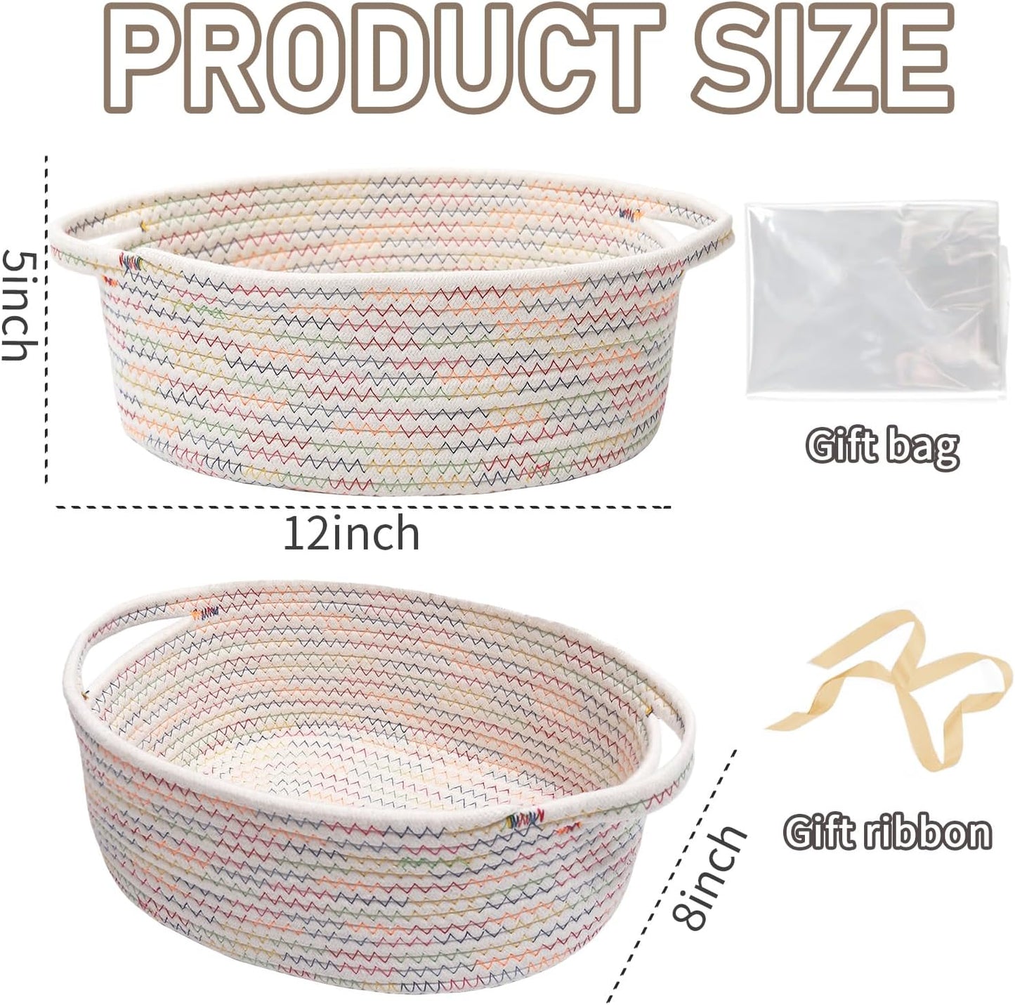 JMvicyroam Woven Basket,Small Rope Storage Bin with Handles & Ribbon Bag, Organizer for Shelves Closets,Gift Basket Empty for Birthday,Books,Dog Toys,White