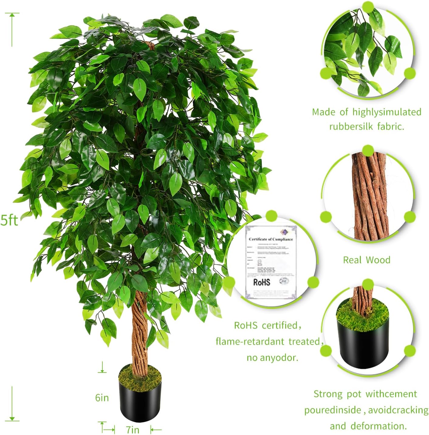 OXLLXO 5ft Artificial Ficus Silk Tree (60in) with Plastic Nursery Pot Faux Tree, Fake Plant for Office House Farmhouse Living Room Home Decor (Indoor/Outdoor)