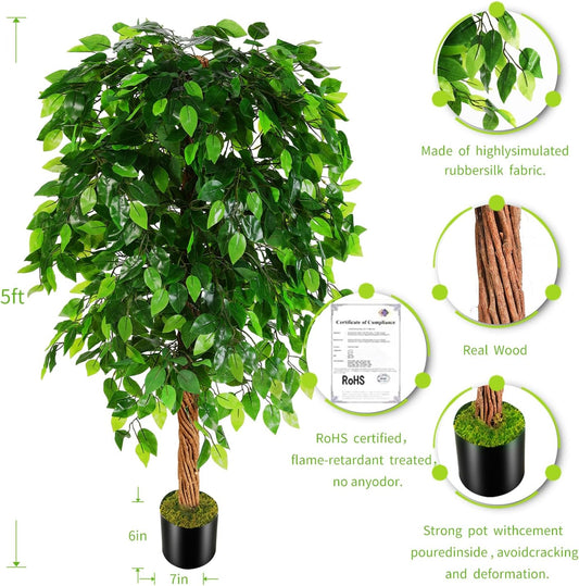 OXLLXO 5ft Artificial Ficus Silk Tree (60in) with Plastic Nursery Pot Faux Tree, Fake Plant for Office House Farmhouse Living Room Home Decor (Indoor/Outdoor)