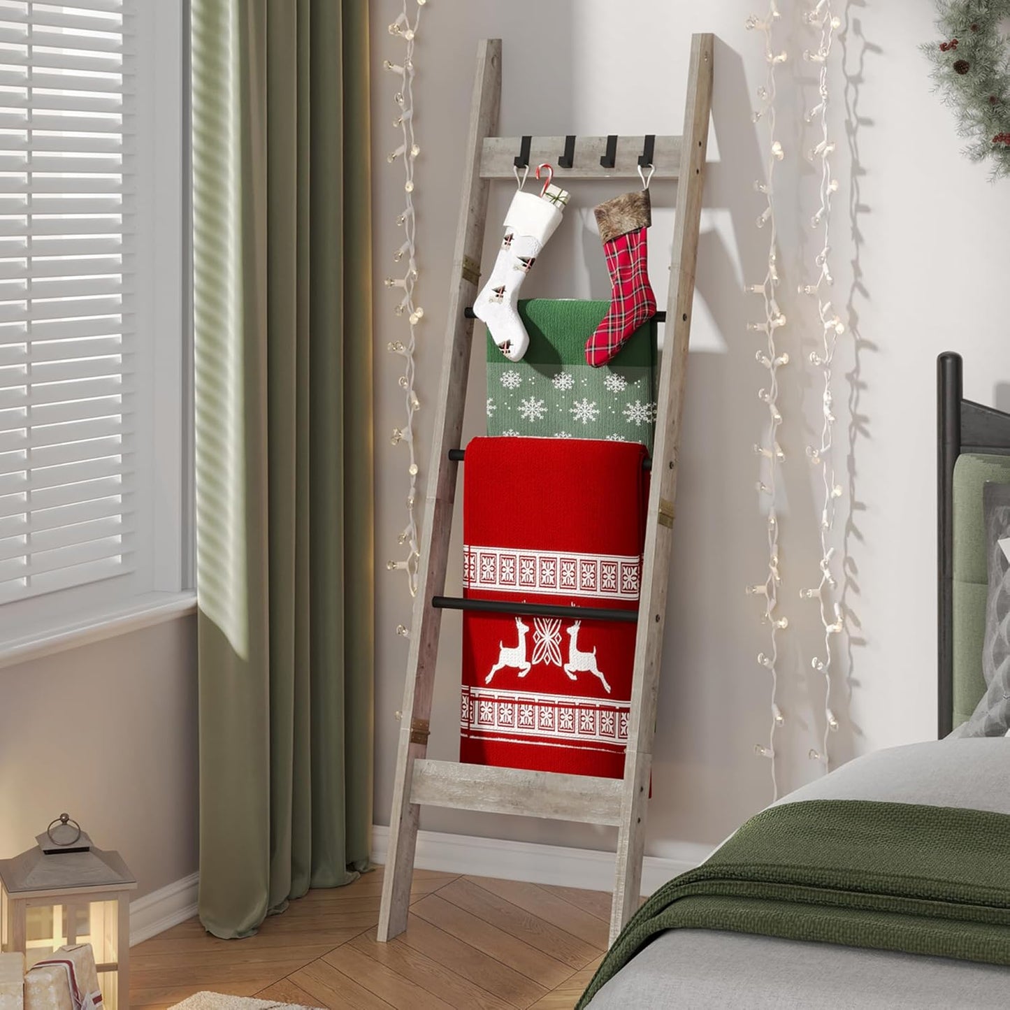 Hzuaneri Blanket Ladder for Living Room, Decorative Quilt Rack with 4 Removable Hooks, 5-Tier Farmhouse Ladder Holder Shelf Organizer for Bedroom, Rustic Brown and Black 02101BBR