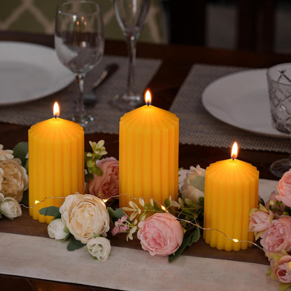 3 Pack White Ribbed Pillar Candles - Soy Wax Unscented, 2.76" x4.2/4.9/5.9 in Smokeless Non Toxic Cotton Wick, Aesthetic Modern Candles for Home Decor, Dinner Table, Living Room, Housewarming Gift