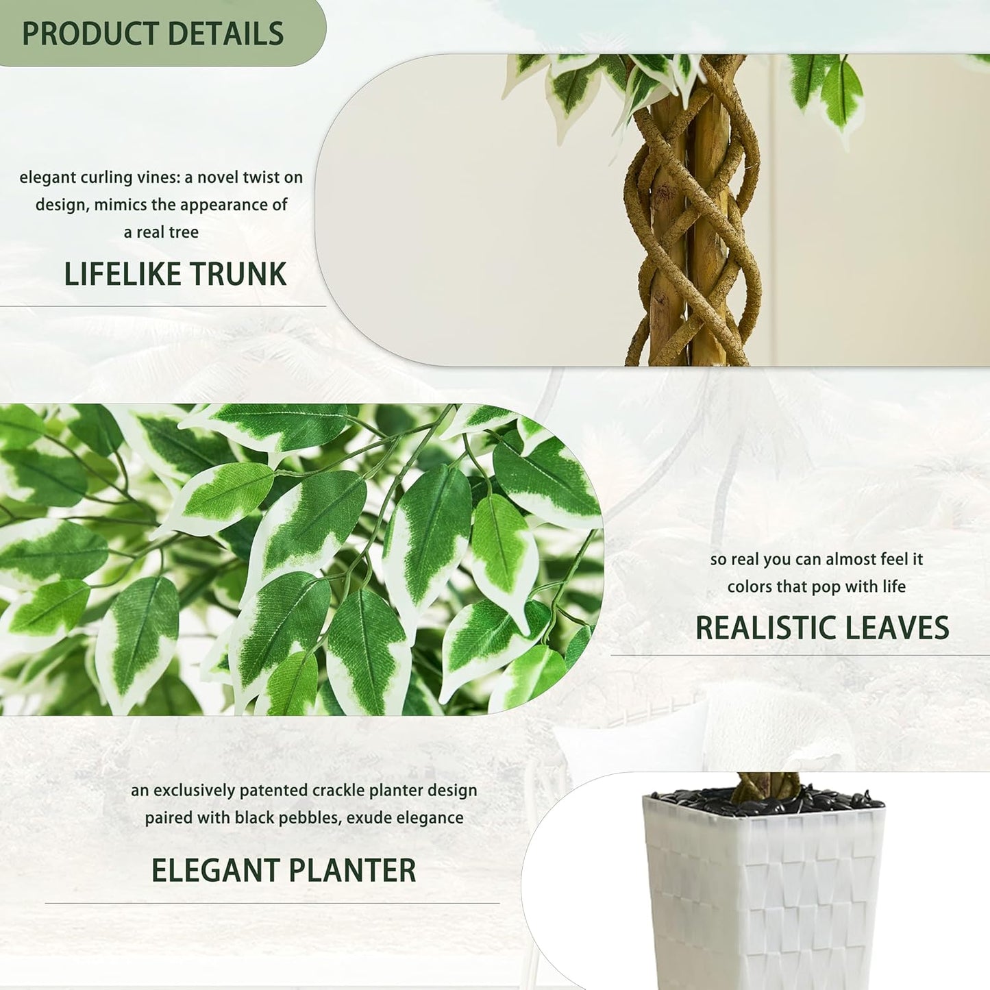 Artificial Ficus Tree 6FT Faux Plants Indoor Tall Fake Plants with White Planter, Green Lifelike Lush Fake Ficus Tree for Home Living Room Bedroom Outdoor Balcony House Office Decor