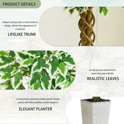Artificial Ficus Tree 6FT Faux Plants Indoor Tall Fake Plants with White Planter, Green Lifelike Lush Fake Ficus Tree for Home Living Room Bedroom Outdoor Balcony House Office Decor