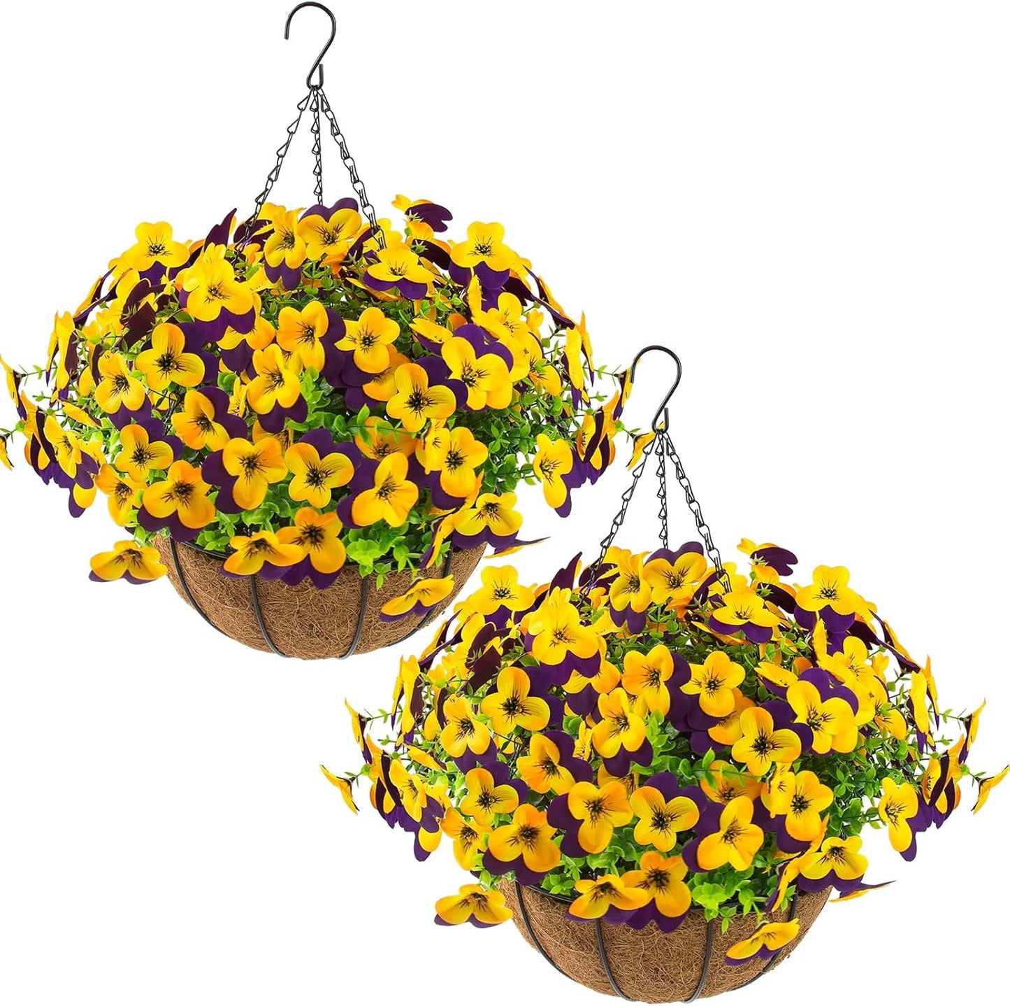 2 Set Artificial Outdoor Pansy Flowers with Hanging Baskets, 2 Hanging Baskets with 24 Pcs Silk Flowers for Spring Easter Decorations Porch Patio Home Decor (2, Purple, Yellow, White, Light Purple)