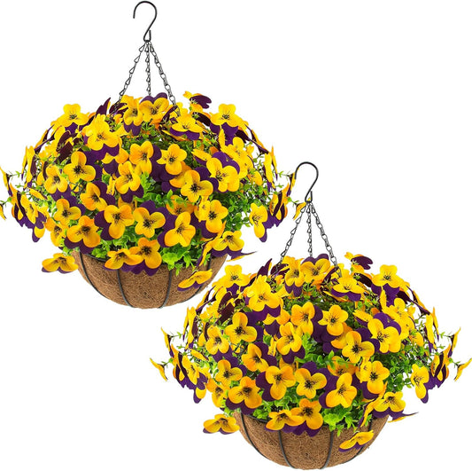 2 Set Artificial Outdoor Pansy Flowers with Hanging Baskets, 2 Hanging Baskets with 24 Pcs Silk Flowers for Spring Easter Decorations Porch Patio Home Decor (2, Purple, Yellow, White, Light Purple)