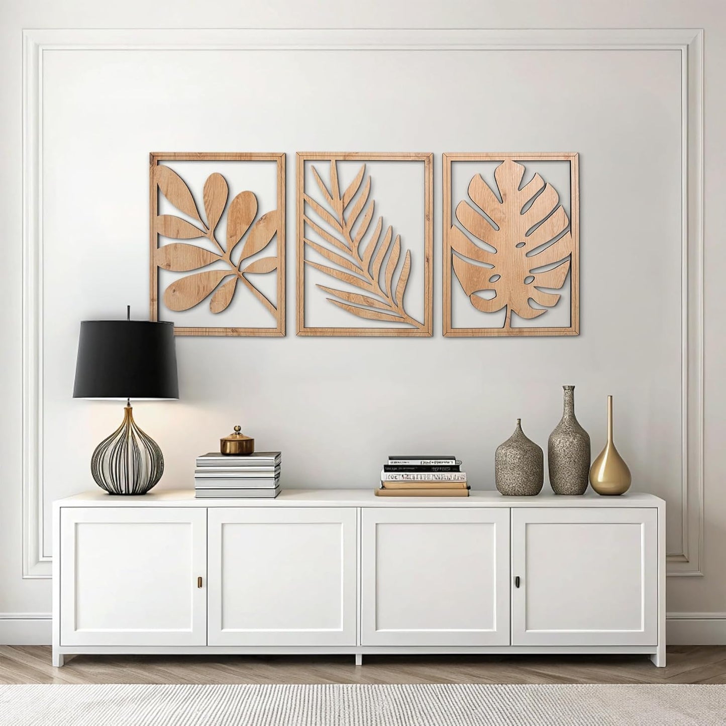 qmmp Modern Wooden Wall Sculptures - Set of 3 - Home Decor Accent - Large Wall Art for Living Room, Bedroom, Office - Easy Installation (Oak, Medium - Mountain and Sun)