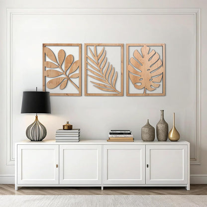 qmmp Modern Wooden Wall Sculptures - Set of 3 - Home Decor Accent - Large Wall Art for Living Room, Bedroom, Office - Easy Installation (Oak, Medium - Mountain and Sun)