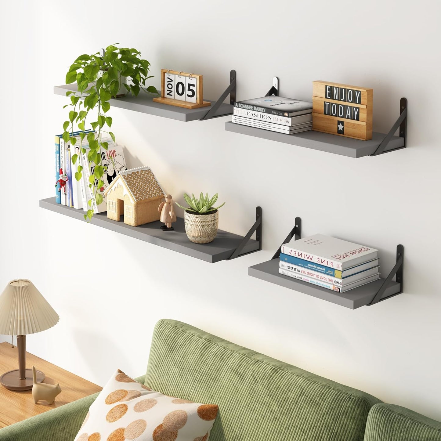 YGEOMER Floating Shelves for Wall, Different Sizes Dark Carbonized Brown Wall Shelves for Living Room, Bathroom, Bedroom, Kitchen, Home Decor (Set of 4)