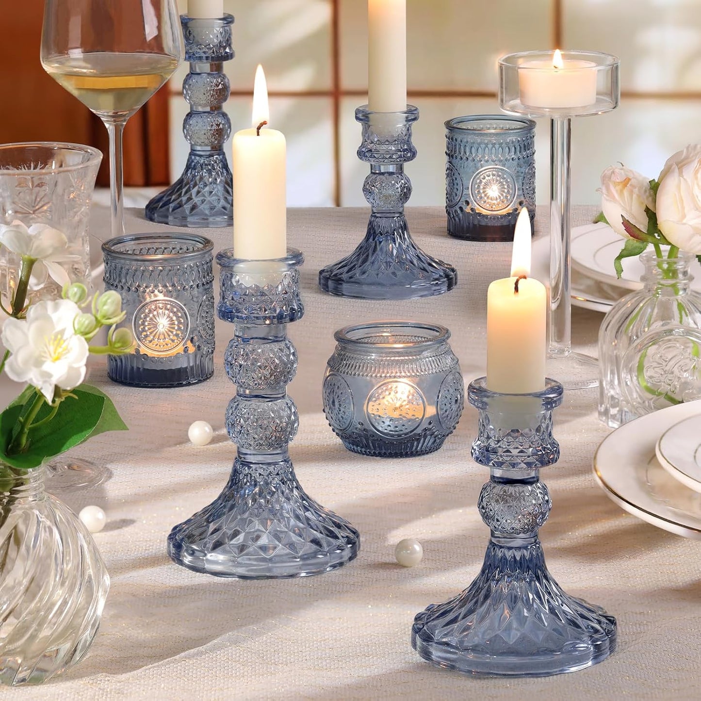 DARJEN 6Pcs Gold Candlestick Holders Set - 4" H & 5" H Striped Taper Candle Holders Bulk, Glass Candle Holders for Wedding, Festival, Party, Table Centerpiece, Gifts