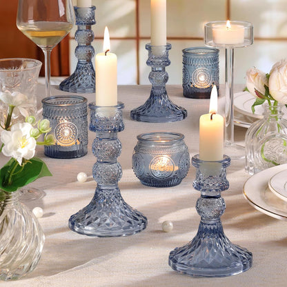 DARJEN 6Pcs Gold Candlestick Holders Set - 4" H & 5" H Striped Taper Candle Holders Bulk, Glass Candle Holders for Wedding, Festival, Party, Table Centerpiece, Gifts