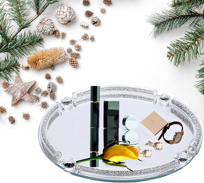 Crystal Glass Tray, Modern Mirror Jewelry Dresser Trinket Trays with Crushed Diamond, 11.8" x 7.9"Rectangular Makeup Perfume Tray for Bathroom Bedroom, Home Decor, Hotel Banquet, Party(Silver)