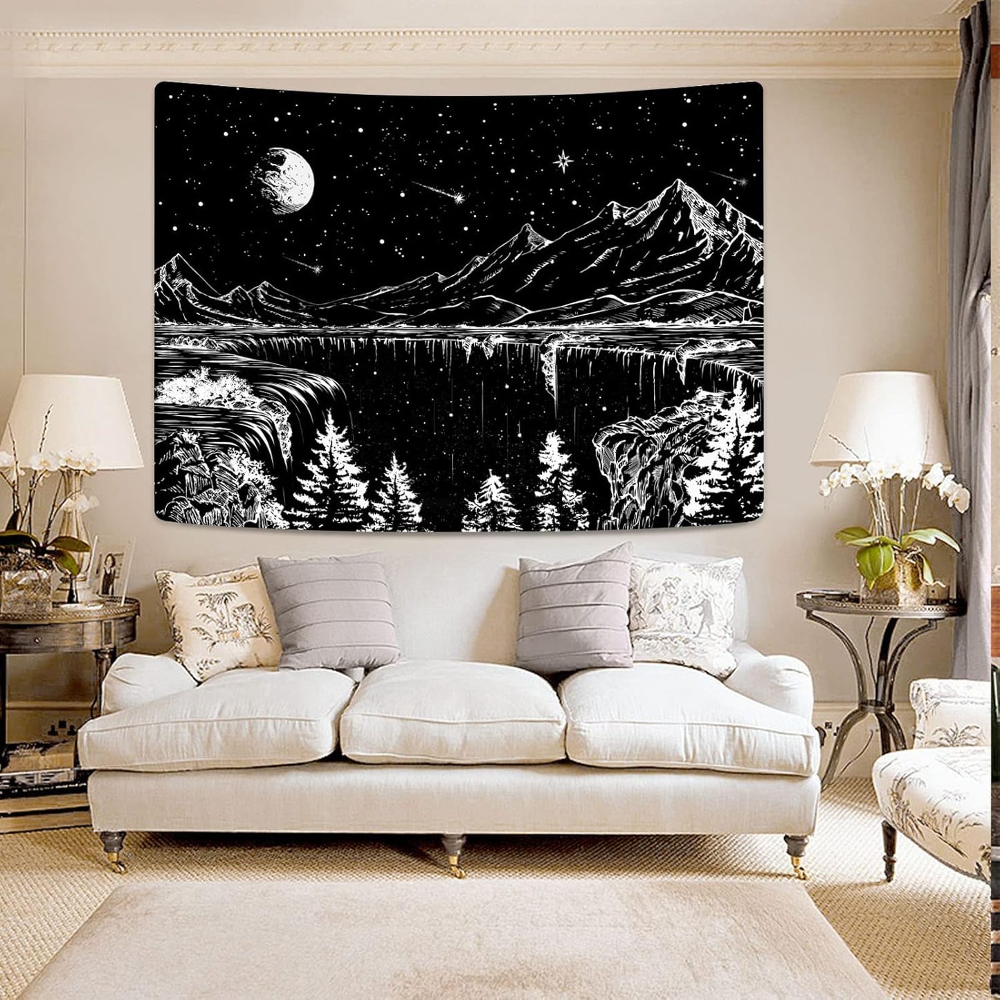 Zussun Black and White Tapestry Starry Night Mountain Tapestries for Bedroom Aesthetic Moon and Stars Tapastry's Wall Hanging Dark Nature Forest Wall Tapestry for Living Room Dorm (48'' × 36'')