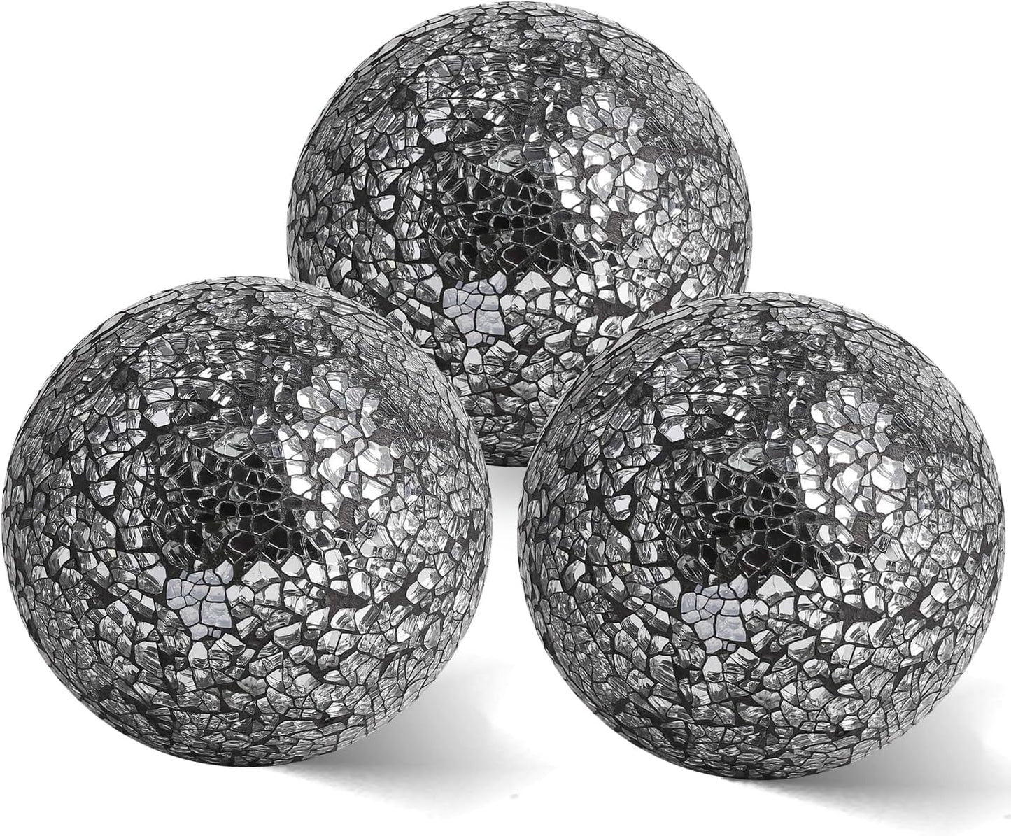 4in Decorative Mosaic Sphere Orbs Set of 3, Glass Balls for Whole Housewares,Wedding/Birthday,Bowls,Vases Dining Table Centerpieces(Silver,Black,Blue)