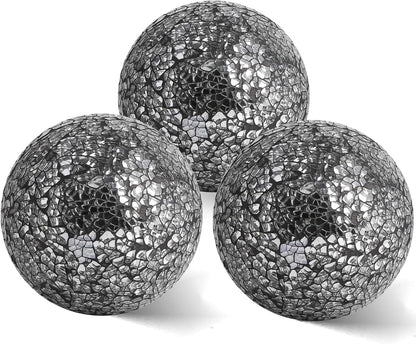 4in Decorative Mosaic Sphere Orbs Set of 3, Glass Balls for Whole Housewares,Wedding/Birthday,Bowls,Vases Dining Table Centerpieces(Silver,Black,Blue)
