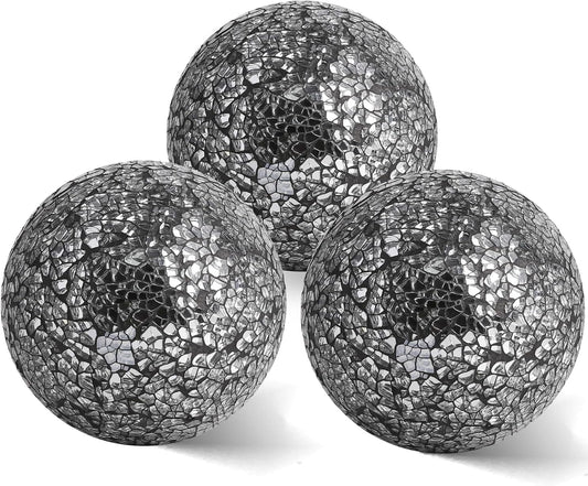4in Decorative Mosaic Sphere Orbs Set of 3, Glass Balls for Whole Housewares,Wedding/Birthday,Bowls,Vases Dining Table Centerpieces(Silver,Black,Blue)