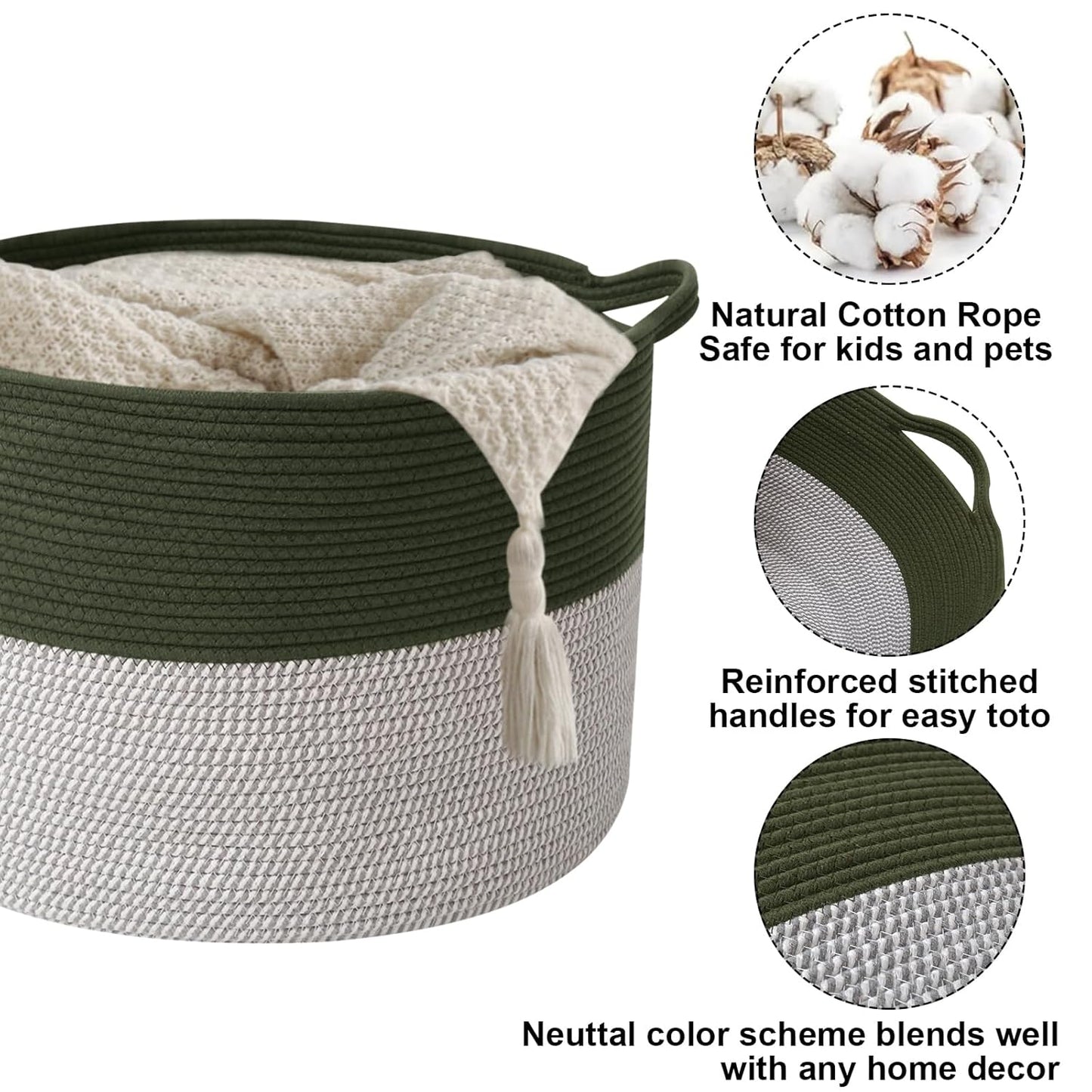 Large Woven Blanket Basket,65L Cotton Rope Laundry Basket Hamper with Handles, Decorative Nursery Basket Storage Bin for Toys, Clothes Organizer, Living Room, Bedroom, Bathroom, White & Brown