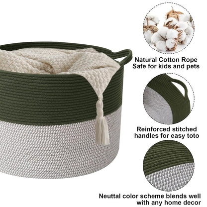 Large Woven Blanket Basket,65L Cotton Rope Laundry Basket Hamper with Handles, Decorative Nursery Basket Storage Bin for Toys, Clothes Organizer, Living Room, Bedroom, Bathroom, White & Brown