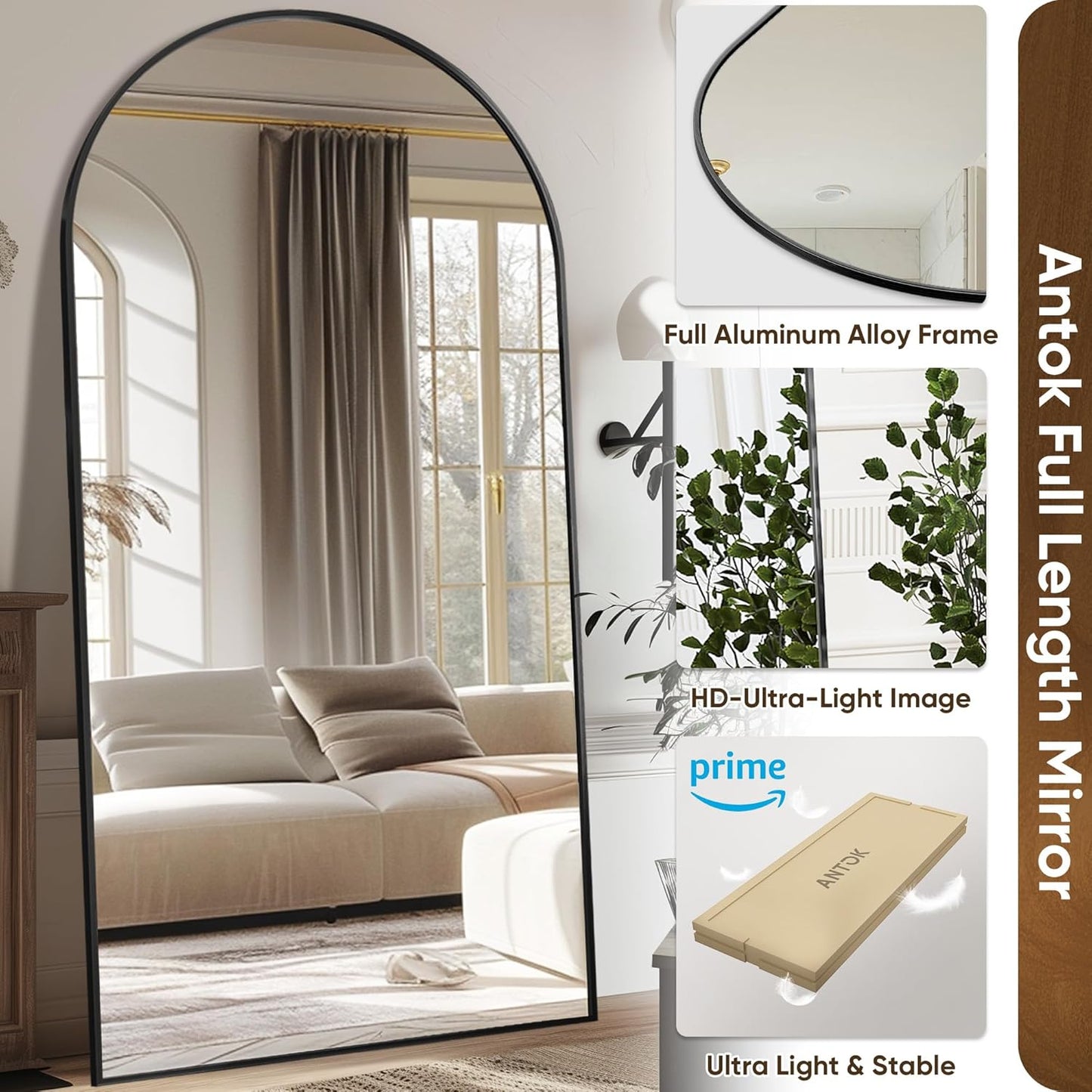 Antok 71" x28” Arched Full Length Floor Mirror, Black Aluminum Frame, Free Standing/Wall Mount/Leaning for Bedroom, Living Room, Dressing Room
