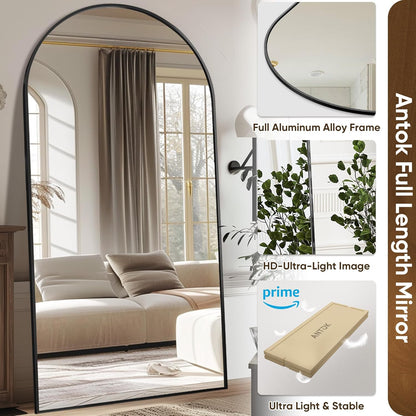 Antok 71" x28” Arched Full Length Floor Mirror, Black Aluminum Frame, Free Standing/Wall Mount/Leaning for Bedroom, Living Room, Dressing Room