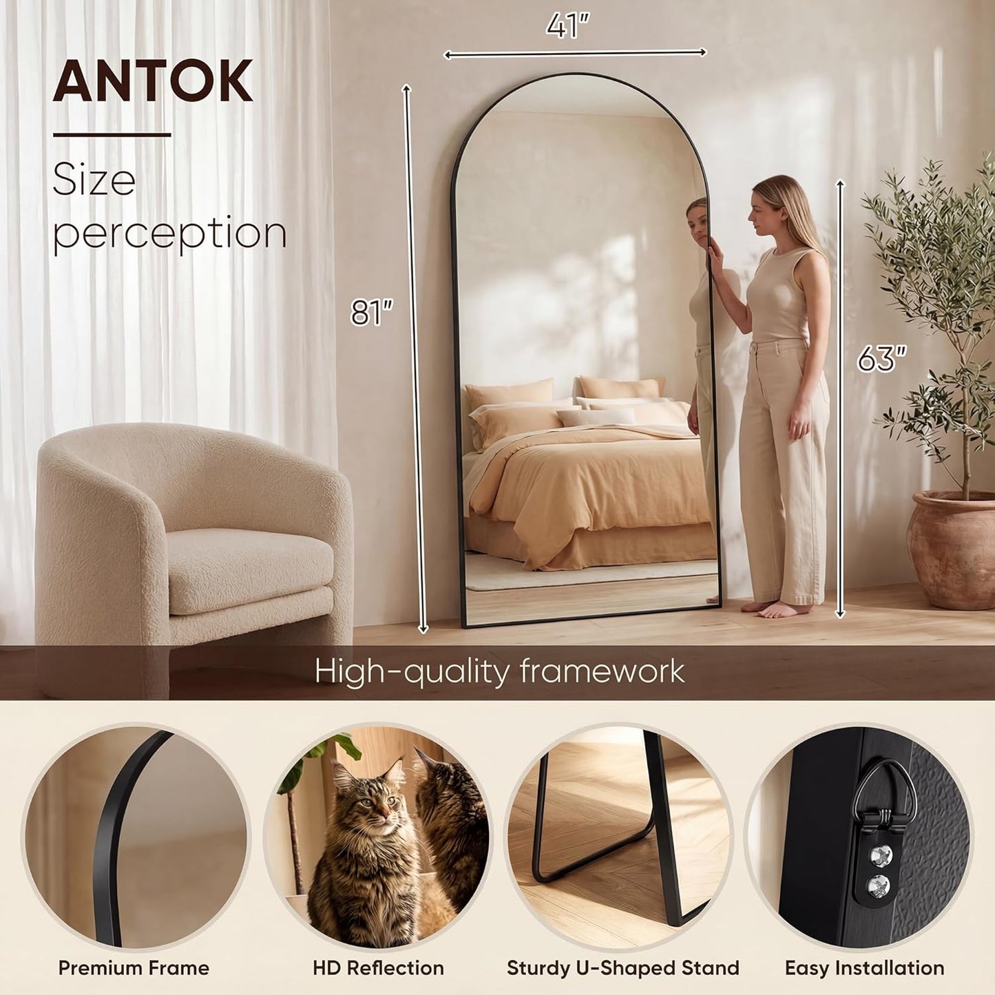 Antok 71" x28” Arched Full Length Floor Mirror, Black Aluminum Frame, Free Standing/Wall Mount/Leaning for Bedroom, Living Room, Dressing Room