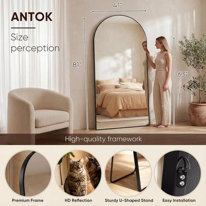 Antok 71" x28” Arched Full Length Floor Mirror, Black Aluminum Frame, Free Standing/Wall Mount/Leaning for Bedroom, Living Room, Dressing Room