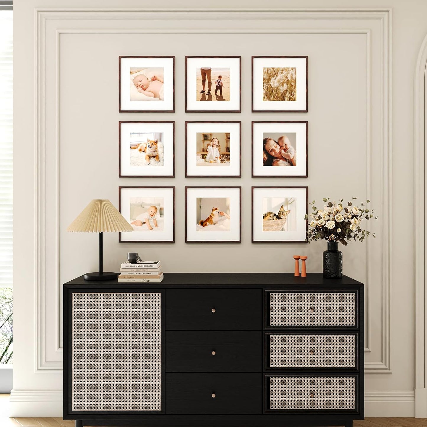 12x12 Picture Frame Set of 9, Display Pictures 8x8 with Mat or 12x12 without Mat, Multi Collage Gallery Square Photo Frames for Wall or Tabletop, Black