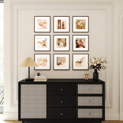 12x12 Picture Frame Set of 9, Display Pictures 8x8 with Mat or 12x12 without Mat, Multi Collage Gallery Square Photo Frames for Wall or Tabletop, Black