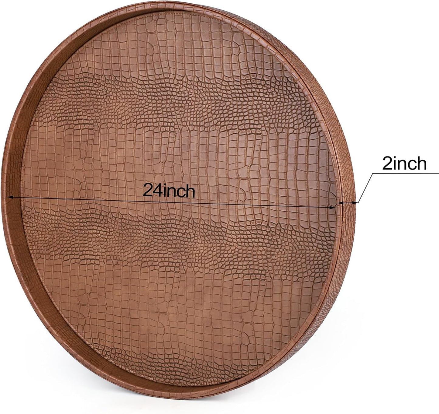 HofferRuffer Round Serving Tray 20'', Elegant Faux Leather Circle Ottoman Table Tray, Serve Tea Coffee Breakfast in Bedroom Living Room Kitchen (Brown)