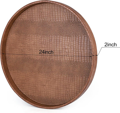 HofferRuffer Round Serving Tray 20'', Elegant Faux Leather Circle Ottoman Table Tray, Serve Tea Coffee Breakfast in Bedroom Living Room Kitchen (Brown)